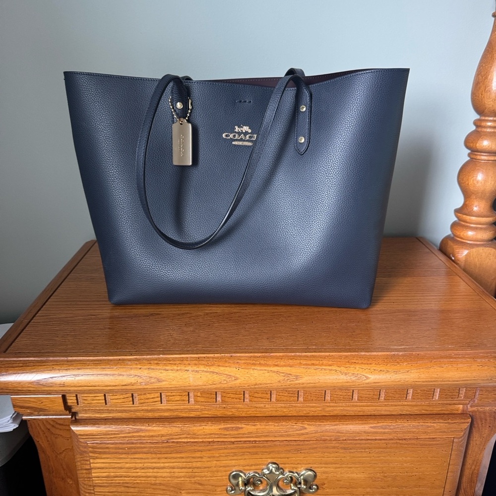 Coach Navy Pebbled Leather Tote with Gold Tag